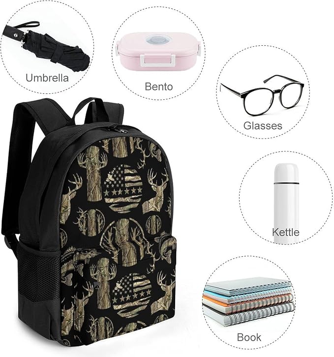 Lightweight Daypack Bookbag for Trekking Business Walking Cycling, Big Capacity Anti-Theft Multipurpose Carry On Bag, Hunting Deer Bass Camo Camouflage American Flag Black Business Computer Bag