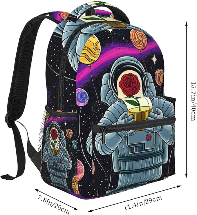 Men Women Lightweight,Astronaut Starry Sky Roses Colorful Planet Art Casual Daypack Big Capacity Bookbag With Padded Straps for Gym Travel Walking Cycling
