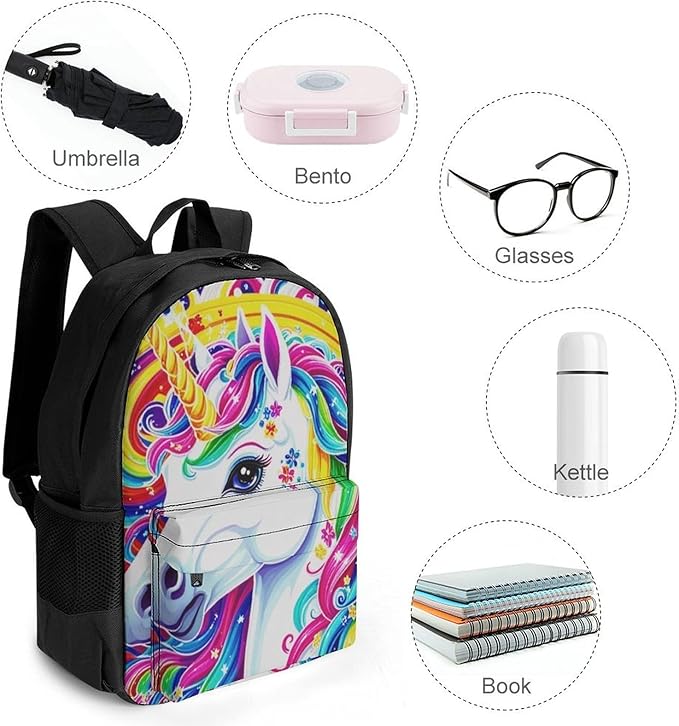 Men Women Polyester Colorful Rainbow Unicorn Daypack Big Capacity Shoulder Bag With Adjustable Shoulder Straps for Camping Travel Walking Cycling