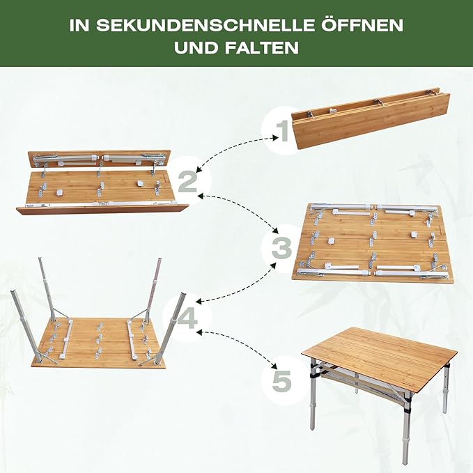 Bamboo Folding Camping Table 4 Folds with Adjustable Aluminum Legs Portable Picnic Table with Storage and Carry Bag for Outdoor Hiking Beach 3-5 Person