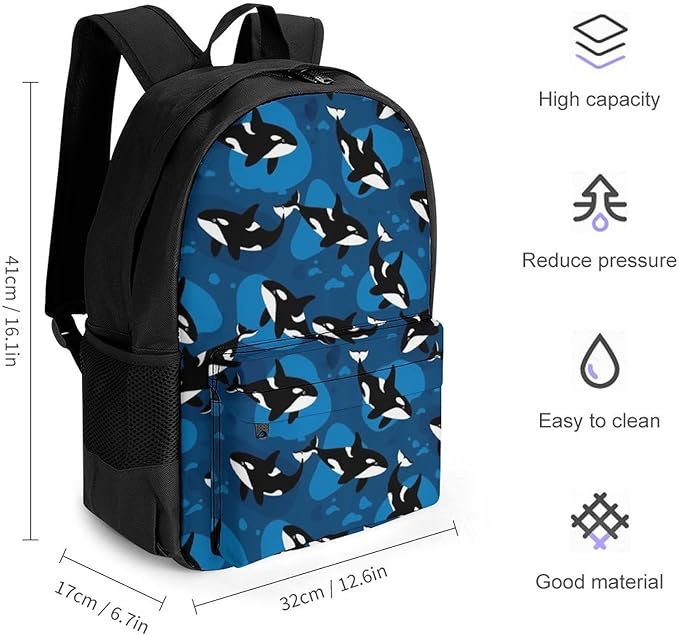 Polyester Daypack Backpack for Sports Travel Running, Big Capacity Anti-Theft Multipurpose Carry On Bag, Ocean Orca Killer Whale Laptop Book Bag Rucksack