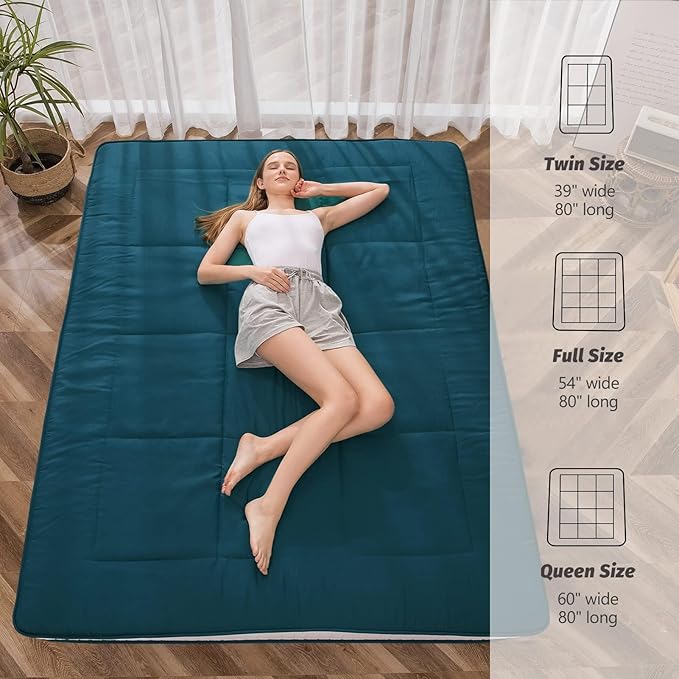 MAXYOYO Futon Mattress, Padded Japanese Floor Mattress Quilted Bed Mattress Topper, Extra Thick Folding Sleeping Pad Breathable Floor Lounger Guest Bed for Camping Couch, Bluestone, Full Size