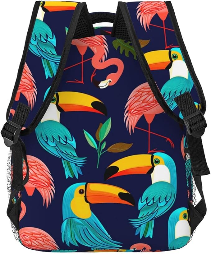 Polyester Daypack Backpack for Climbing Outdoors Running, Big Capacity Multipurpose Anti-Theft Bookbag, Exotic Birds Parrot Flamingo Art Travel Hiking Camping Rucksack