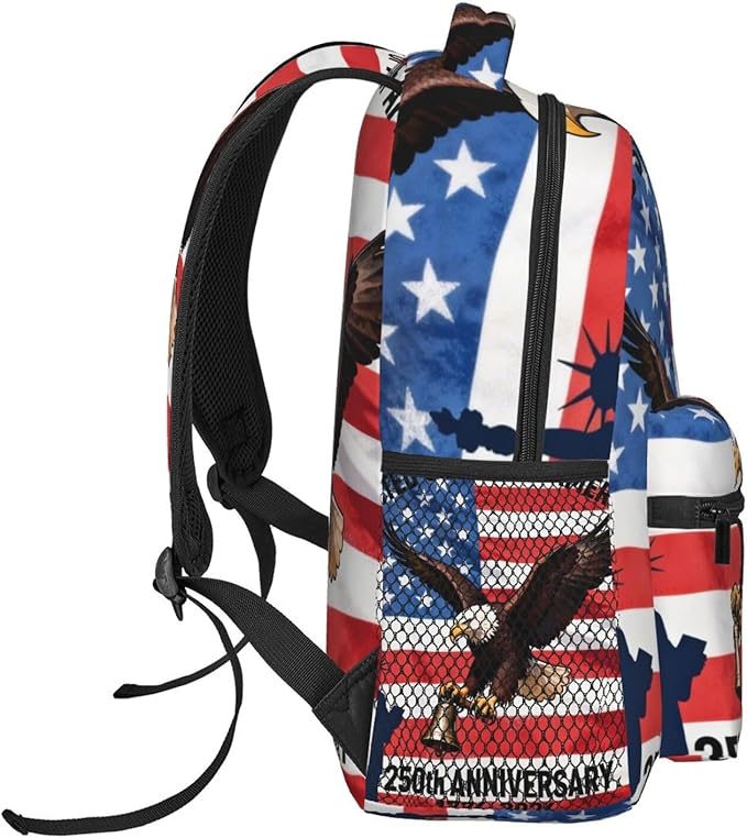 Men Women Lightweight 250 Years American 250th Anniversary USA Flag Art Casual Daypack Large Capacity Bookbag With Adjustable Shoulder Straps for Gym Business Bicycle