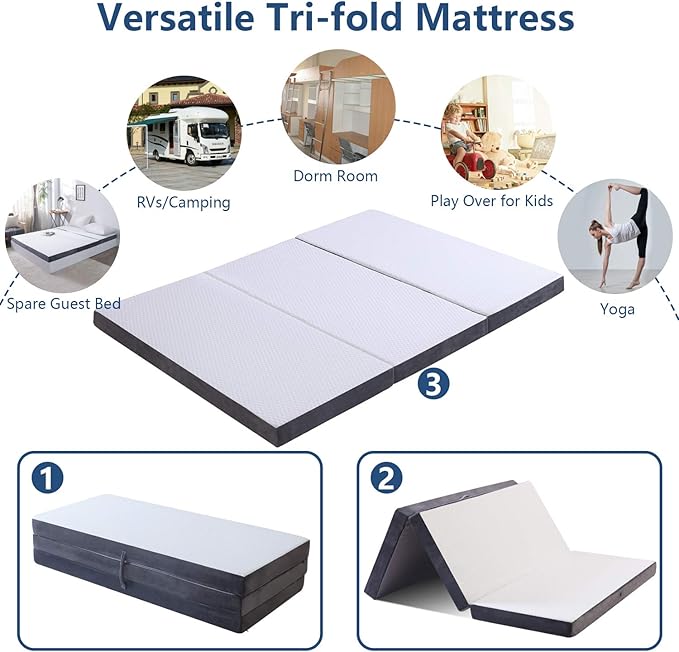 Folding Foam Mattress 4 Inches Foldable Floor Mattresses with Collapsible and Washable Cover, Portbale Travel Mat Tri-fold Guest Mattress Camping Sofa Bed