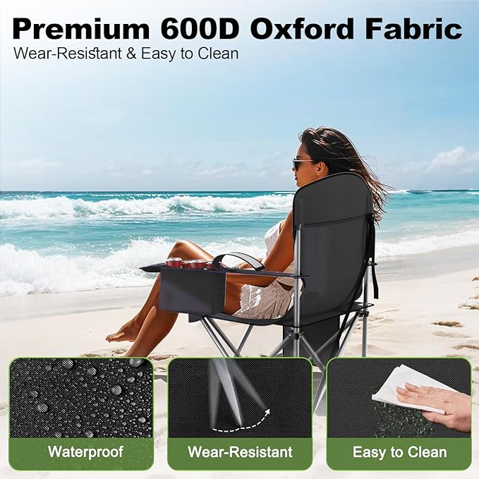Folding Camping Chairs Durable 600D Oxford, Portable Outdoor Chair with Cooler Pouch, Cup Holder & Storage Pocket for Camping, Beach, Fishing