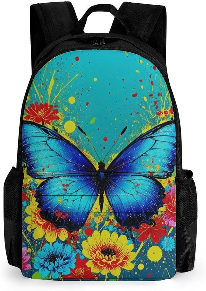 Supdreamc Women Men Polyester Colorful Watercolor Blue Butterfly Casual Daypack Large Capacity Bookbag With Side Pockets for Sports Picnic Walking Cycling