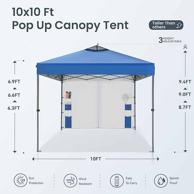 PHI VILLA Canopy Tent 10x10 Pop Up Canopy Outdoor Shade with Pockets Sidewall, Easy Up Sun Shelter with One Person Set Up Center Lock, Portable Instant Camping Beach Canopy Tents, Blue