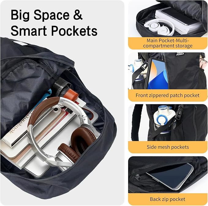 20L Packable Backpack Lightweight Waterproof Foldable Daypack Hiking Daypack for Men Women Reusable Packable Bag Outdoor Camping Hiking Travel Cycling (Black)