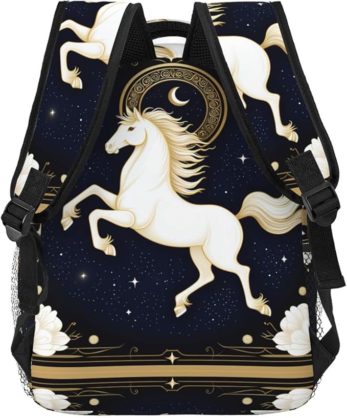 Daypack Polyester Anti-Theft Multipurpose Running White Horse Starry Sky Flowers Elegant Art Bookbag Big Capacity Gym Outdoor Hiking Backpack With Adjustable Shoulder Straps