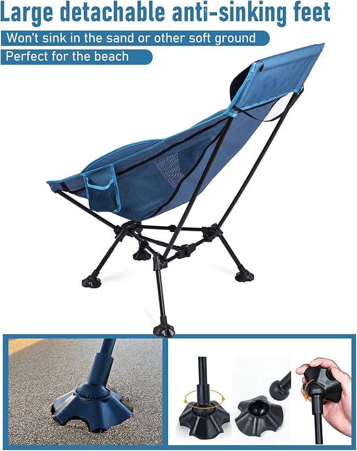 WildCall Lightweight Folding High Back Camping Chair with Head Support, Compact Beach Chair with Anti-Sinking Large Feet and Three Tilt Angles Adjustment