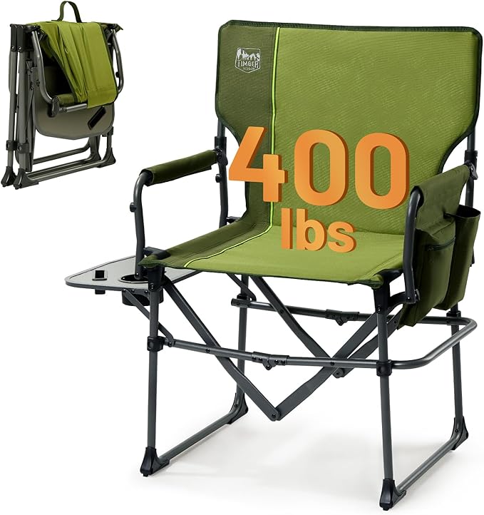 TIMBER RIDGE Aluminum Camping Directors Chair with Side Table Pocket, Portable Folding Chair, Heavy Duty Lawn Chair for Fishing Trip Picnic Concert Outdoor 400lbs, Green 2 Pack