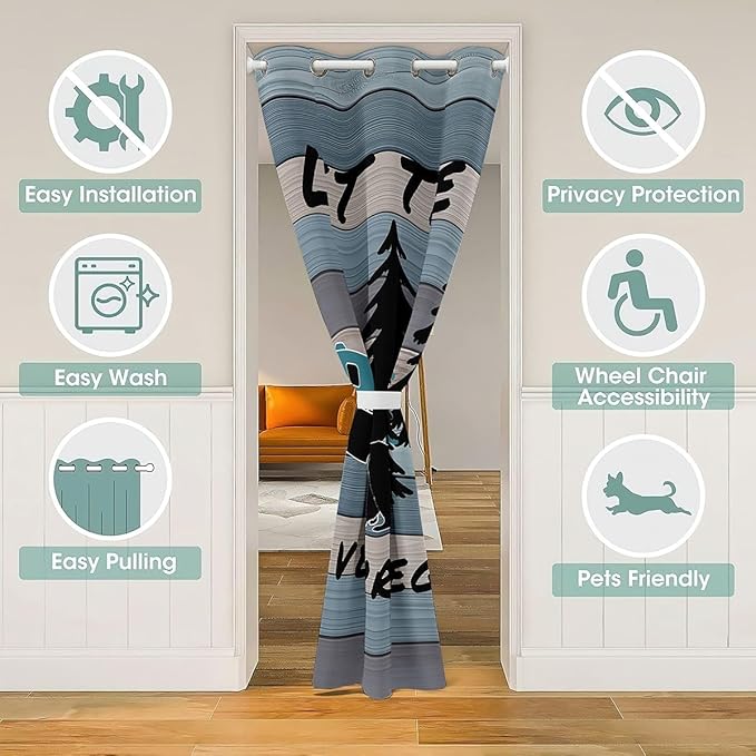 Camper Adventure Kids Door Curtain,Bear Pine Tree Rustic Farmhouse Blackout Curtain,Wooden Plank Cottage Cabin Bedroom Doorway Living Room Decor,Blue Black Privacy Door Drape 1 Panel,60" W X 80" L