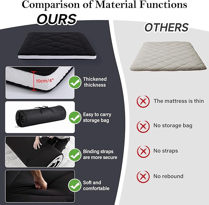 Welnow Japanese Futon Floor Mattress, Thick Queen Size Tatami Mat Portable & Foldable Roll Up Floor Bed Mattress with Storage Bag, Sleeping Pad for Adults, Dorm, Guest Bed, Camping and Travel, Black