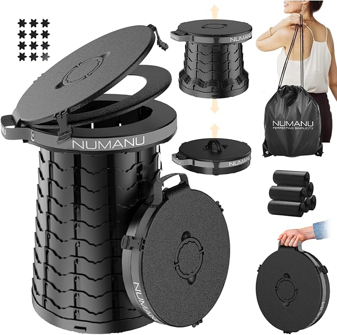NUMANU 19.7" XXL 3IN1 Portable Toilet Seat, Stool, Trash Can | Adjustable Height Portable Potty, Foldable Toilet with Lid & Waste Bags, Outdoor Travel Potty, Pop Up Camping Toilet for Adults & Kids