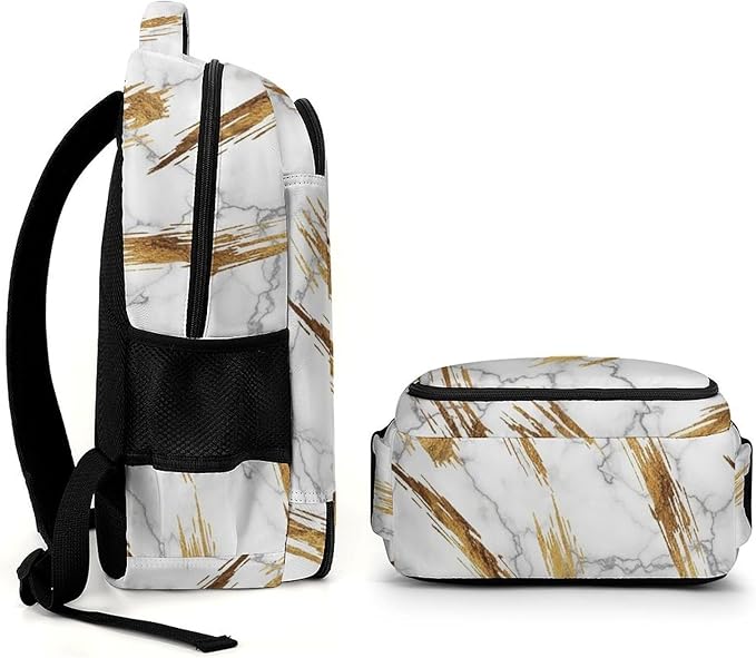 Water Resistant College Bookbag Gold Marble Texture White, Sturdy Laptop Backpack with Water Bottle Pockets for Men Women Travel Work