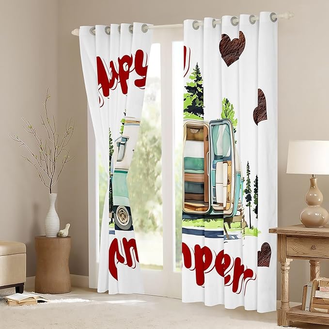 Erosebridal Camper Window Curtains 42" Wx84 L Happy RV Camping Blackout Curtains for Bedroom Living Room,Camp Adventure Window Treatments Summer Camper Forest Drapes Decor 2 Panels