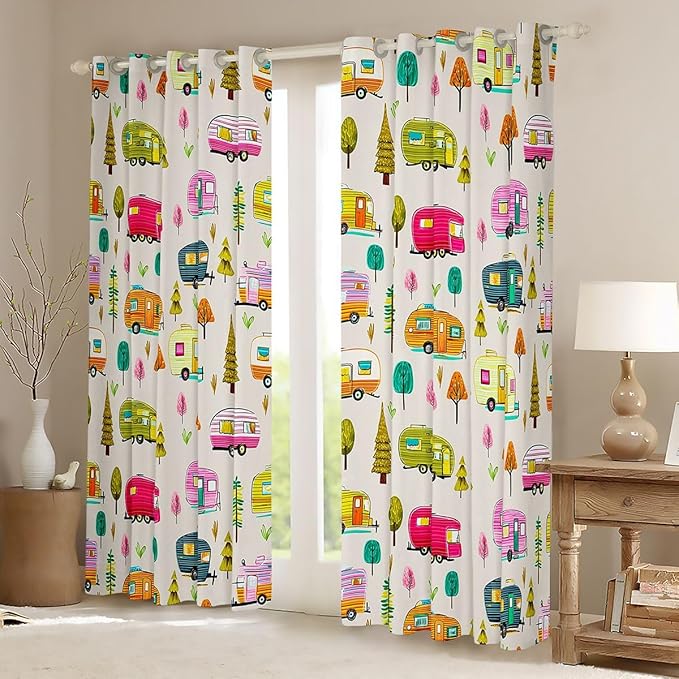 Feelyou Camper Camping Blackout Curtains RV Travel Trailer Darkening Drapes for Bedroom Living Room Decor Camping Theme Thermal Insulated Shades Window Treatments, 2 Panels 52 x 63 Inch