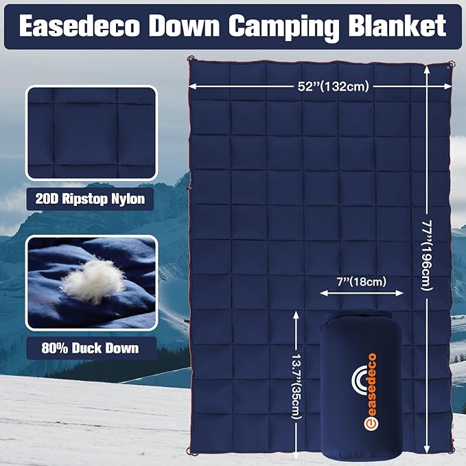 Down Camping Blanket - Lightweight Packable Warm Puffy Travel Quilt with Footbox, 650 Fill Power Waterproof Outdoor Blankets for Hiking, Travel Down Quilt, Navy Blue, 1lb 1oz / 77''*52''