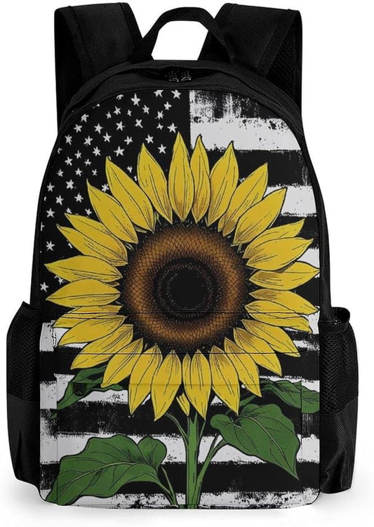 Supdreamc Men Women Polyester American Thin Black Line Flag Sunflower Art Backpack Large Capacity Bookbag With Smooth Zippers for Climbing Picnic Bicycle