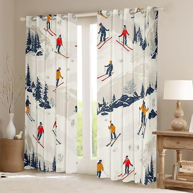 Manfei Skiing Nursery Bedroom Playroom Decor,Ski Winter Extreme Sport Competition Window Drapes,Mountain Snowboarding Pine Tree Natural Boys Girls Room Decor,Beige White 2 Panels,52Wx96L inch