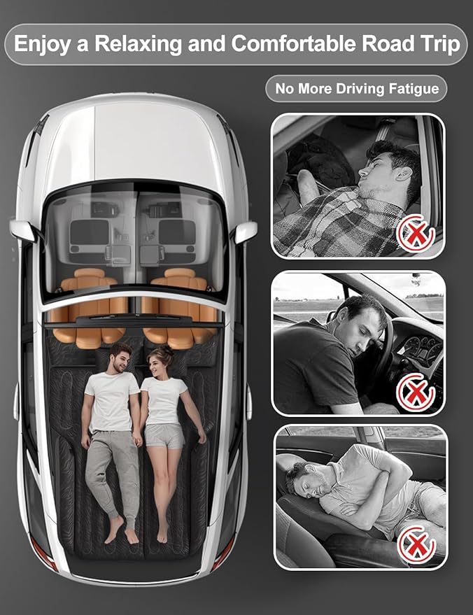 Umbrauto SUV Air Mattress for Back Trunk Folded Backseat, Inflatable Car Camping Bed for Sleeping Travel, Flocked Surface Reinforced Bottom Fits Mid-to-Full Size SUVs with Pump, Pillows, Carry Bag