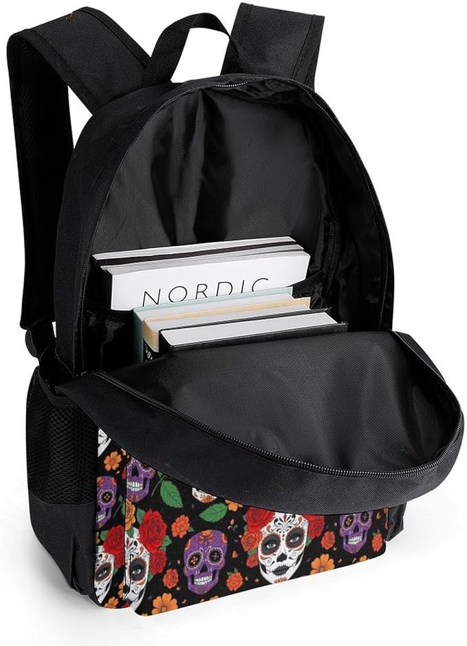 Supdreamc Polyester Daypack Bookbag for Gym Business Bicycle, Large Capacity Multipurpose Anti-Theft Carry On Bag, Day Of Dead Halloween Sugar Skulls Roses Travel Hiking Daypack