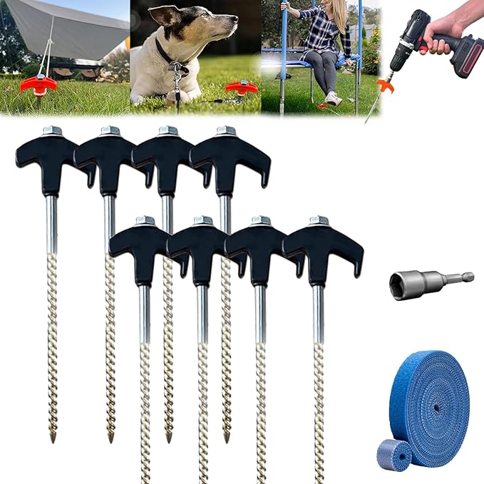 Screw in Tent Stakes,Tent Stakes Heavy Duty Screw,Hex Pegs Drillable Tent in Ground Anchors with 1 Hex Head Driver,Metal Stakes for Trampoline,Tent,Canopy,Dog Anchors (12, Black)