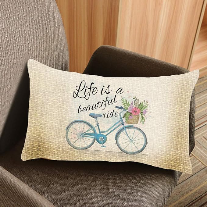 Throw Pillow Cover Life is A Beautyful Ride Sweet Love Bicycle Decorative Pillow Case Home Decor 20x12 Inches Pillowcase