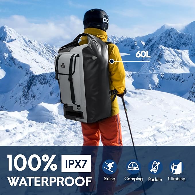 Haimont Waterproof Backpack Roll Top Dry Bag Kayak Dry Backpack IPX7 for Outdoor Dry Pack Boating Fishing 60L, Black/Gray