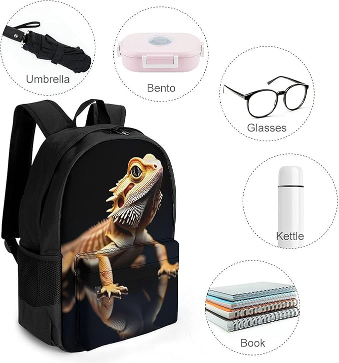 Men Women Polyester Cool Bearded Dragon Lizards Animal Black Daypack Backpack Large Capacity Carry On Bag With Smooth Zippers for Hiking Picnic Walking Cycling