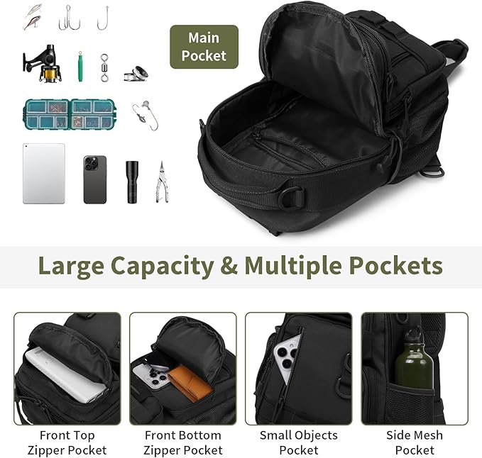 CamGo Small Tactical Sling Bag Black Military One Strap Crossbody Fishing Shoulder Pack Molle Backpack for Sport Daily