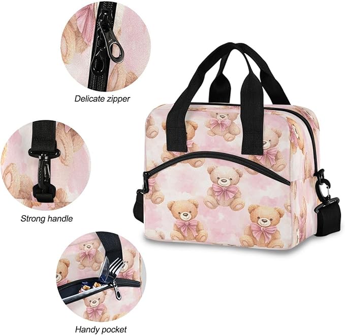 ALAZA Teddy Bear Pink White Camouflage Lunch Box for Men Women Adults Insulated Lunch Bag Cooler Bag with Adjustable Shoulder Strap for Work Picnic Travel