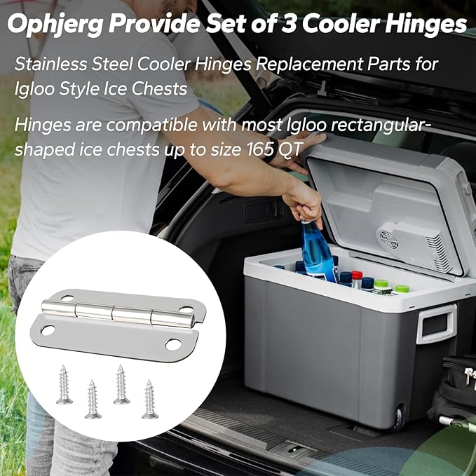 Stainless Steel Cooler Hinges Replacement Parts for Igloo Style Ice Chests - Compatible with Igloo Camping Cooler Accessories 25-165 Quart Coolers (Set of 3)