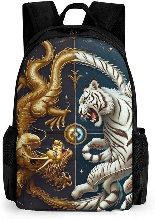 Supdreamc Shoulder Book Bags Polyester Multipurpose Anti-Theft Yin Yang Gold Dragon White Tiger Art Carry On Bag Large Capacity Travel Hiking Camping Rucksack