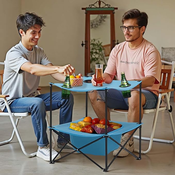VEVOR Folding Camping Table, Portable Outdoor Lightweight Picnic Table, 600D Oxford Fabric Waterproof Canvas Travel Beach Tables, with 4 Cup Holders, Carry Bag, for Tailgating Camping Picnic, Blue