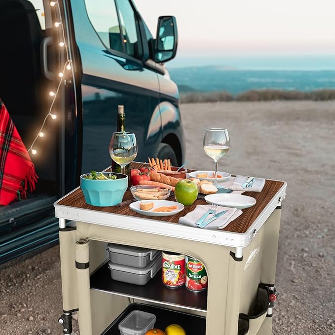 EAGLE PEAK Outdoor Folding Camping Table with Large 3-Tier Storage Organizer and Side Pockets, Easy Set Up Portable Aluminum Camping Kitchen, Beige