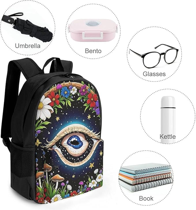Supdreamc Shoulder Book Bags Anti-Theft Multipurpose Big Capacity Bookbag, Psychedelic Flower Eye Mushroom Trippy Art Travel Hiking Backpack With Smooth Zippers