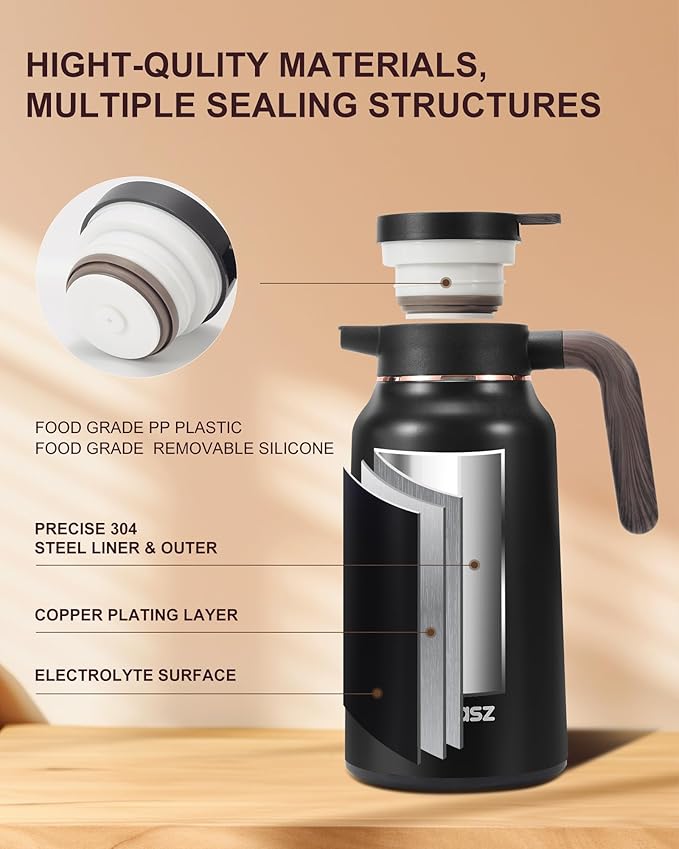 2 PCS Thermal Coffee Carafe 70 oz - 36 Hour Hot Stainless Steel Carafes for Hot Liquids-Insulated Coffee Carafes For Keeping Hot/Cold Coffee, Tea, Water, Drink Dispenser for Parties(Black/Black)