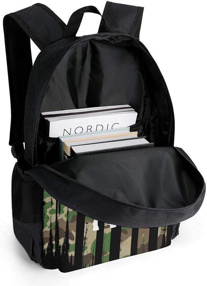 Lightweight Rucksack for Sports Travel Running, Big Capacity Multipurpose Anti-Theft Bookbag, Hunting Deer Camo Camouflage American Flag Black Travel and Sport Backpack Rucksack