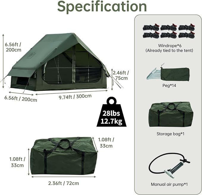 Inflatable Camping Tent with Hand Pump Waterproof Outdoor Blow up Tent Oxford 4 Season Air Tent Cabin House with Mesh Windows & Door 12sq/6sq Green