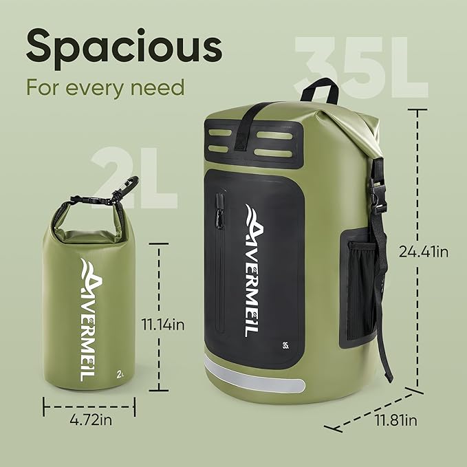 Dry Bag 35L for Men & Women Roll-Top Hiking Backpack with IPX8 Waterproof Phone Case & Detachable Mini Backpack for Kayaking Boating Cushioned Padded Back Green