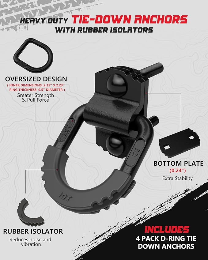 D-Ring Tie Down Anchors with Rubber Isolators, 4 Pack Heavy Duty 10 Ton Capacity Carbon Steel, Bolt-On with Mounting Hardware, Zinc & Powder Coated for Trailer, Truck, Pickup, Garage-Black