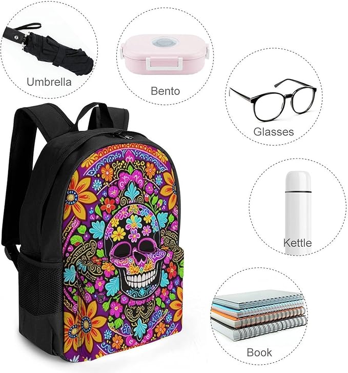 Supdreamc Backpack Polyester Multipurpose Anti-Theft Dead Sugar Skull Flowers Shoulder Bag Big Capacity Gym Outdoor Hiking Backpack With Padded Straps