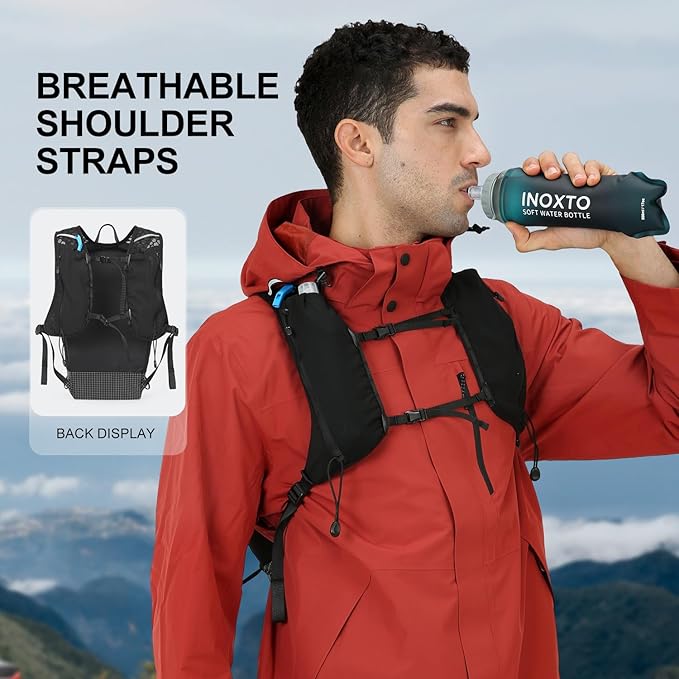 IX INOXTO Hiking Backpack 15L/22L Ultra Lightweight Packable Travel Backpack Small Waterproof Foldable Outdoor Day Pack with Two 500ML Soft flasks for Men Women (Black)