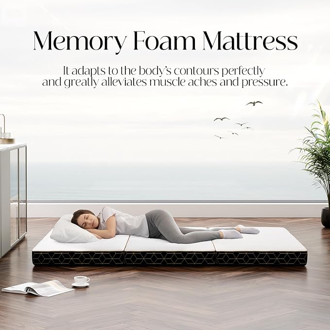 Tri-Fold Memory Foam Mattress Twin - 3.5 Inch Portable Folding Mattress with Handle & Washable Cover, Floor Bed with Non-Slip Base, Space-Saving for Room, Travel, Guest Bed, RV, 75"x38"x3.5"