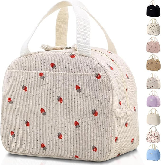 Lunch Bag for Women Men Cute Corduroy Lunch Tote Bags Reusable Insulated Lunch Box Large Capacity Reusable Insulated Cooler for Work/Picnic/Travel