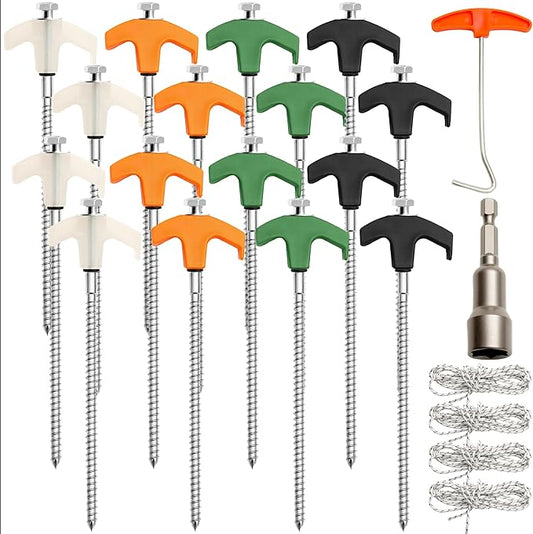 22 Pcs Screw in Tent Stakes Heavy Duty Kit Include 16 8 Inch Ground Anchor Tent Pegs 4x9.8ft Rope 1 Hex Head Driver 1 Stopper T Pull Hook for Backyards, Canopy, Garden and Outdoor Camping