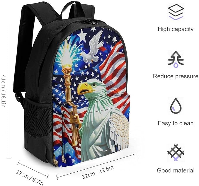 Rucksacks Polyester Anti-Theft Multipurpose Statue Of Liberty American Flag Eagle Patriotic Carry On Bag Large Capacity Gym Outdoor Hiking Backpack With Smooth Zippers