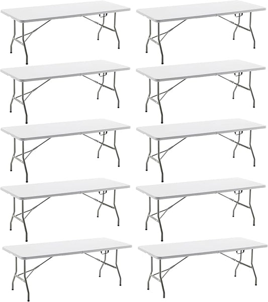 BTEXPERT Set of 10, Fold-in-Half Folding Utility Table 6 Feet 72" x 29.5" Lightweight Portable Carrying Handle Indoor Outdoor Picnic Camping Office Home Party Wedding Event White
